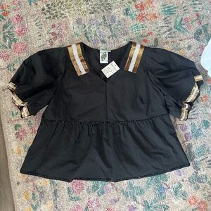 QUEEN OF SPARKLES Black Top with Gold Sequin Accents